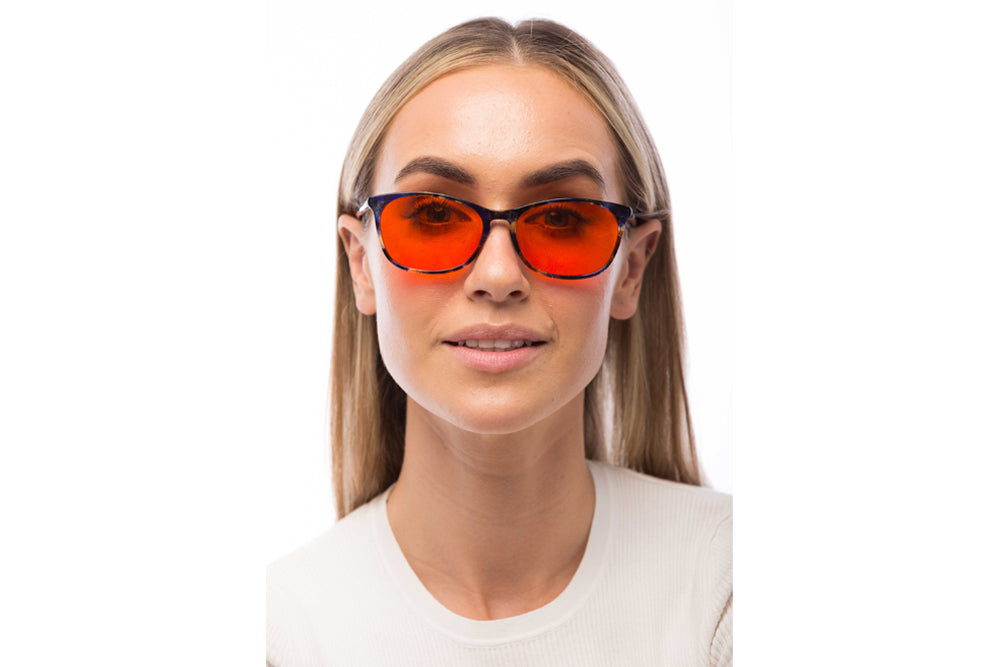 Woman Wearing Galaxy Blue Light Blocking Glasses