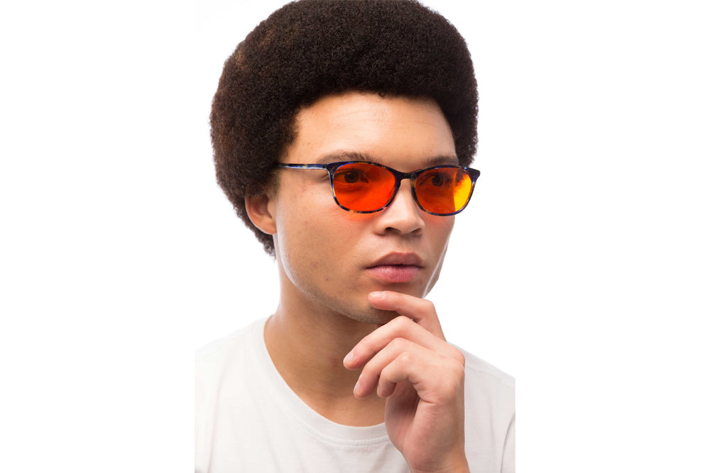 Man Wearing Galaxy Blue Light Blocking Glasses