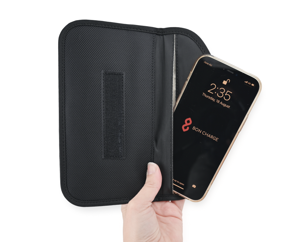 Someone Holding EMF Radiation Blocking Phone Pouch With Phone Inside