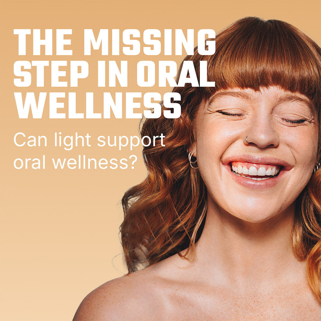 Woman with a bright smile against a beige background with text about oral wellness.