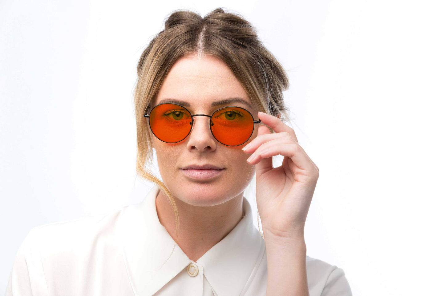 Woman Wearing Lennon Blue Light Blocking Glasses Readers
